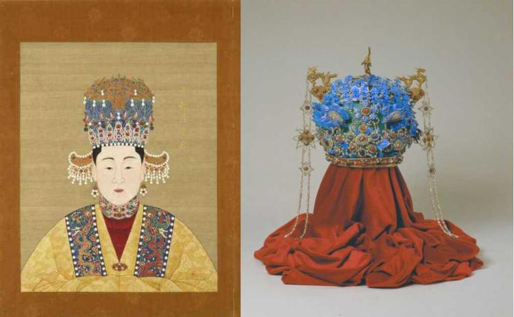 左为孝端皇后画像,右为她曾佩戴过的九龙九凤冠